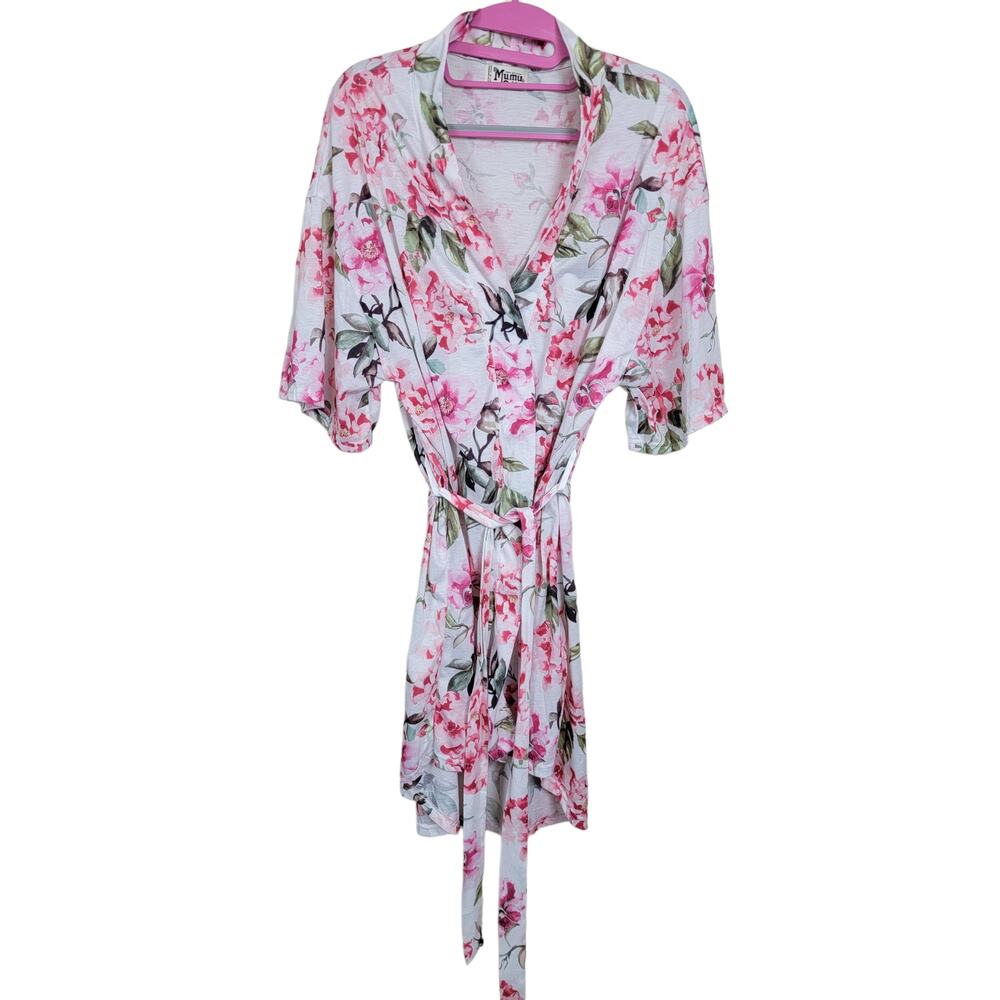 Show Me Your MuMu Brie Garden of Blooms Robe OS Tie Waist 3/4 Sleeves Pink White
